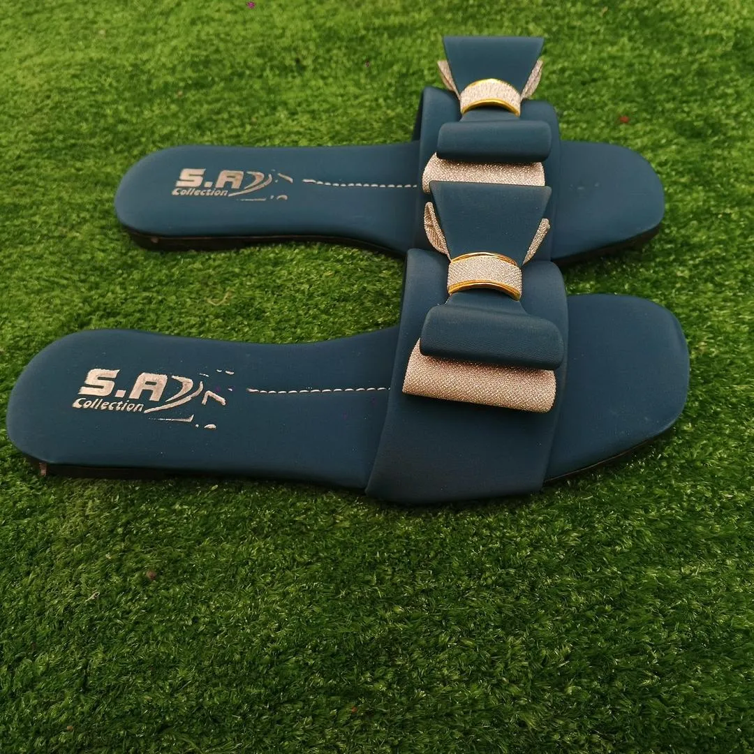 Women Blue Bowknot Rexine Slides Casual Formal Wear