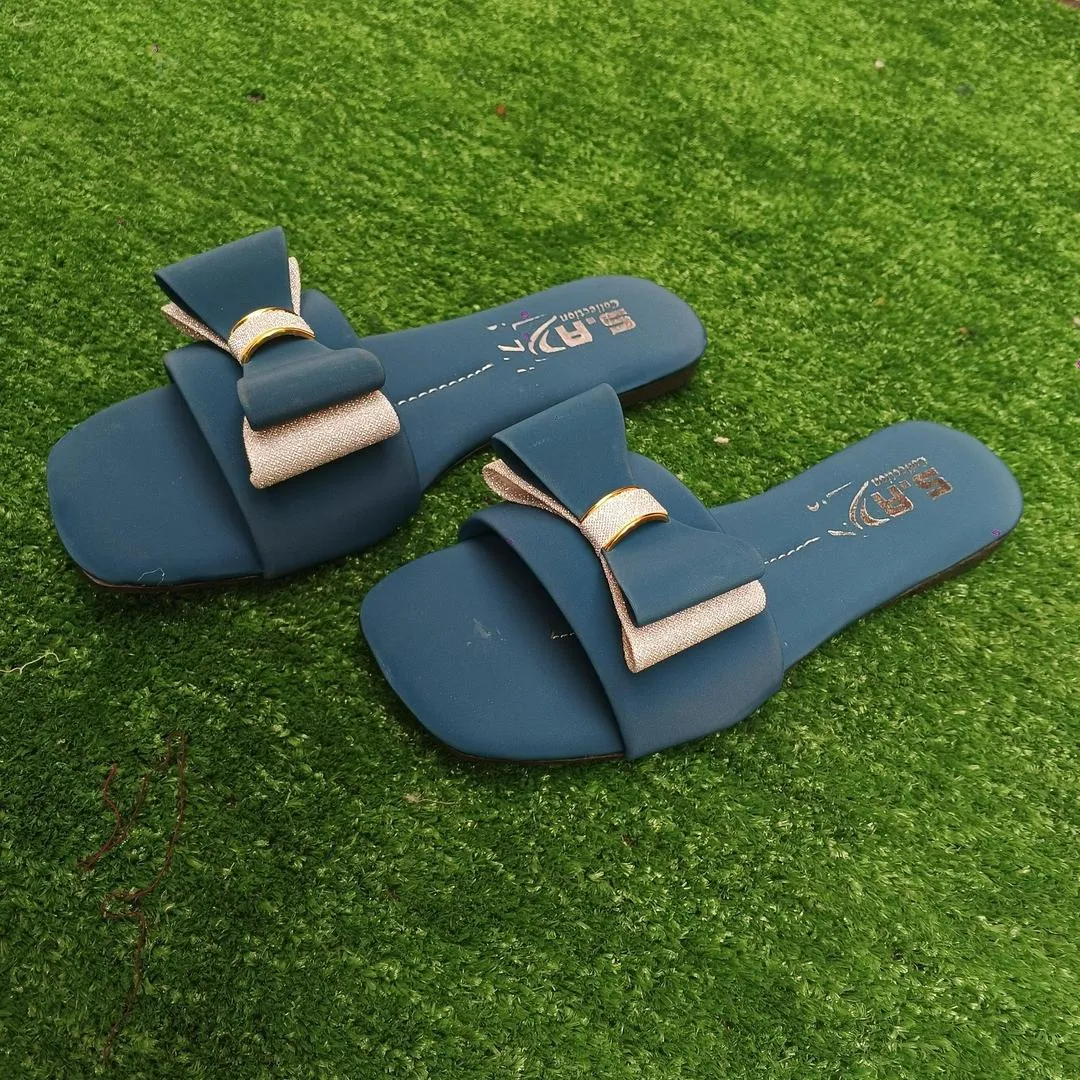 Women Blue Bowknot Rexine Slides Casual Formal Wear