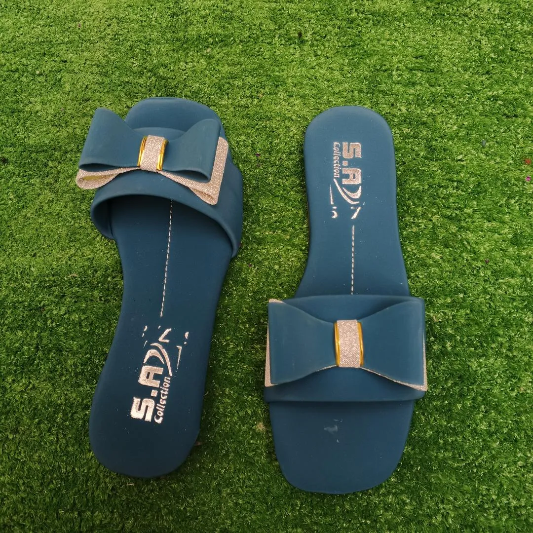 Women Blue Bowknot Rexine Slides Casual Formal Wear