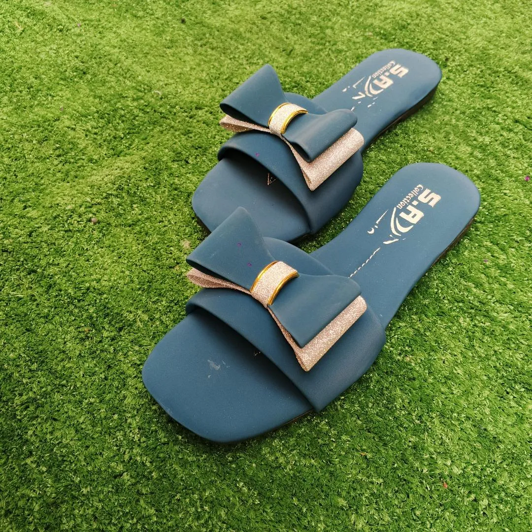 Women Blue Bowknot Rexine Slides Casual Formal Wear