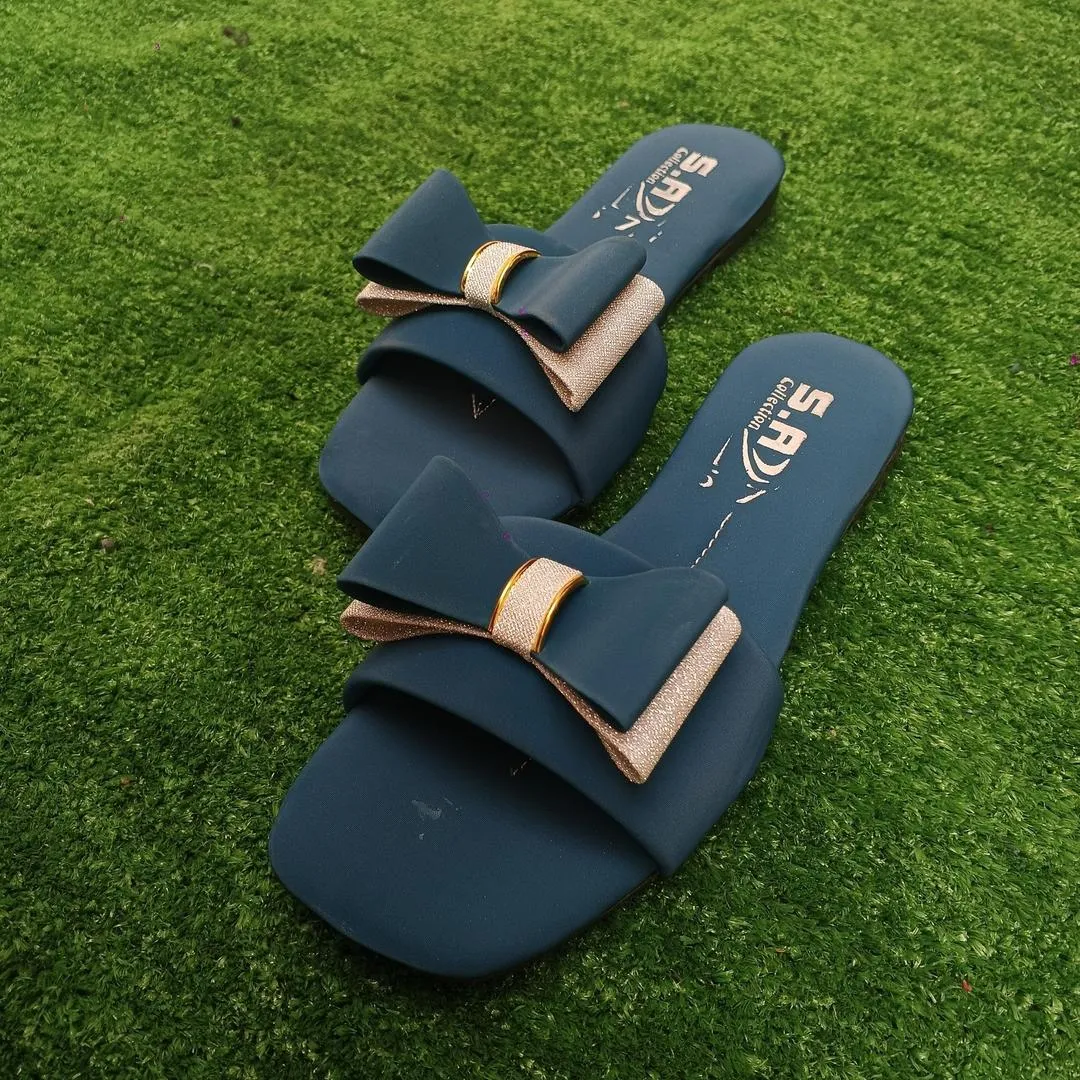 Women Blue Bowknot Rexine Slides Casual Formal Wear