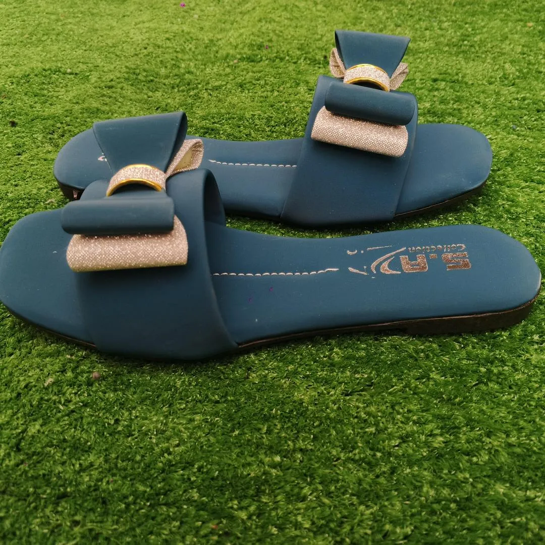 Women Blue Bowknot Rexine Slides Casual Formal Wear