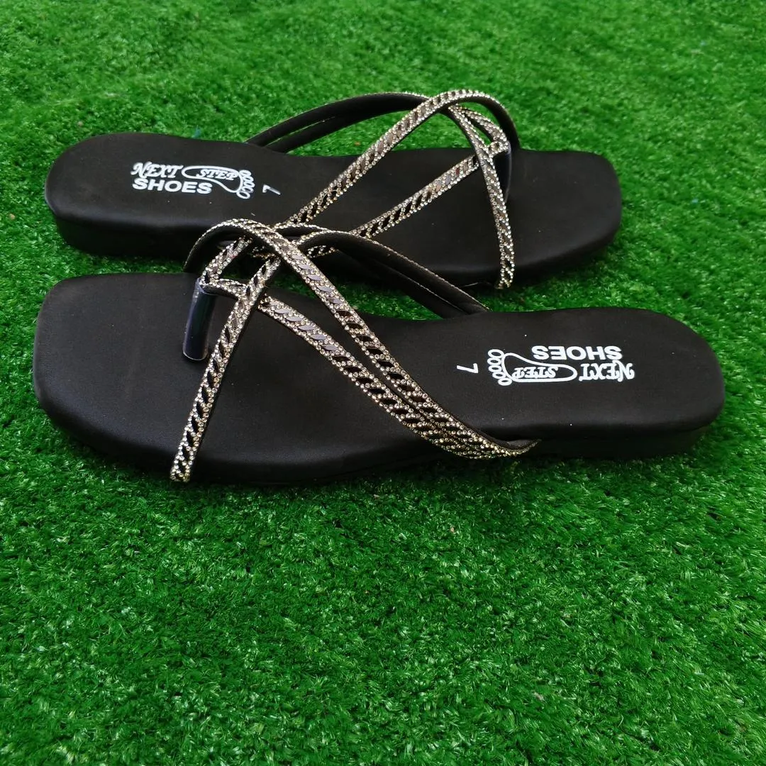 Black Embroidered Women's Flat Sandals