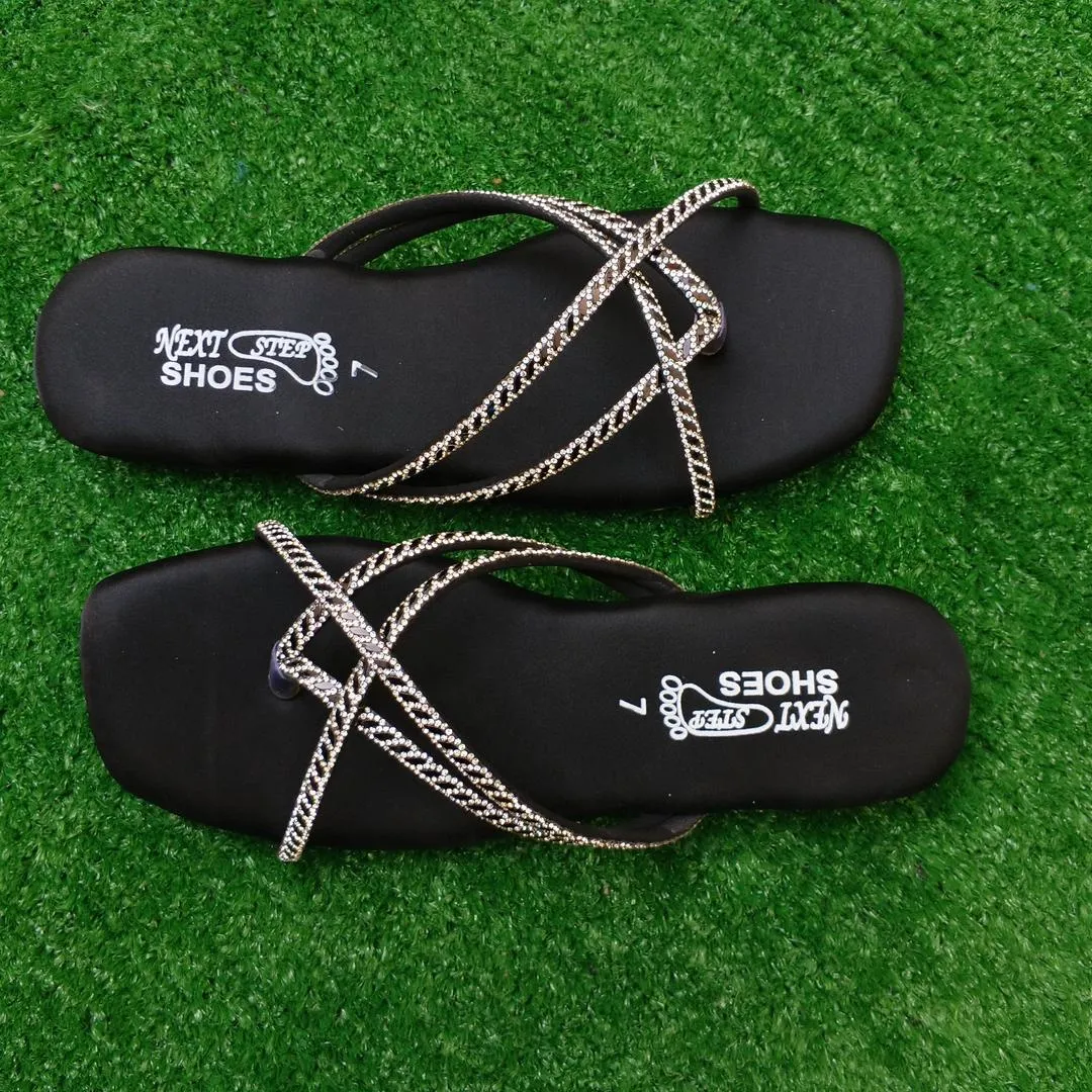 Black Embroidered Women's Flat Sandals