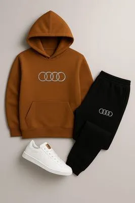Men Audi Logo Fleece Hoodie Track Suit Brown Black Winter