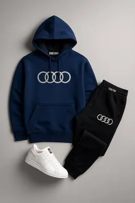 Men Audi Logo Hoodie Track Suit Blue Black XL