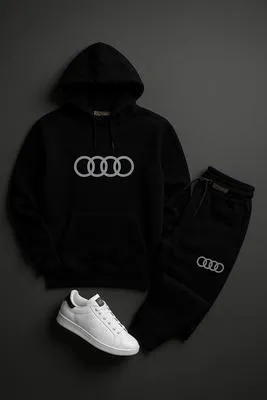 Men Black Audi Logo Hoodie Track Suit 2Pcs