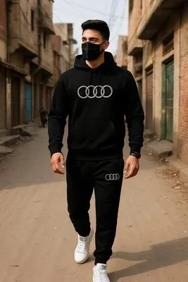 Men Black Audi Logo Hoodie Track Suit 2Pcs thumbnail 2