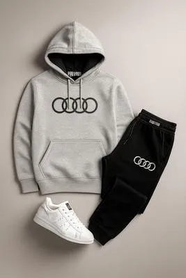 Men Audi Logo Hoodie Track Suit Grey Black