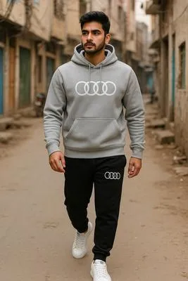Men Audi Logo Hoodie Track Suit Grey Black thumbnail 2