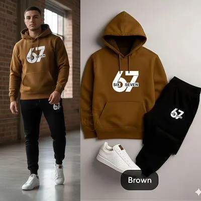 Men Brown Fleece Hoodie Track Suit with 67 Logo