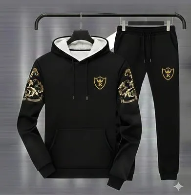 Men Black Royal Crest Hoodie Track Suit with Gold Floral Sleeves