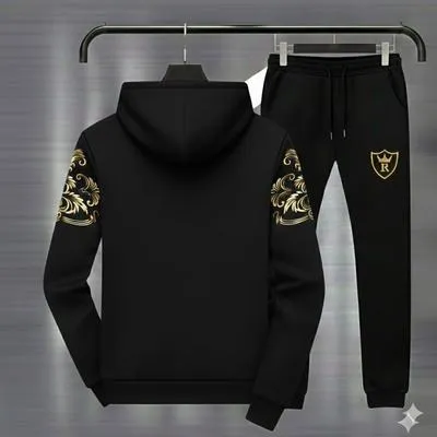 Men Black Royal Crest Hoodie Track Suit with Gold Floral Sleeves thumbnail 2