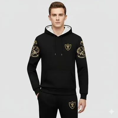 Men Black Royal Crest Hoodie Track Suit with Gold Floral Sleeves thumbnail 3
