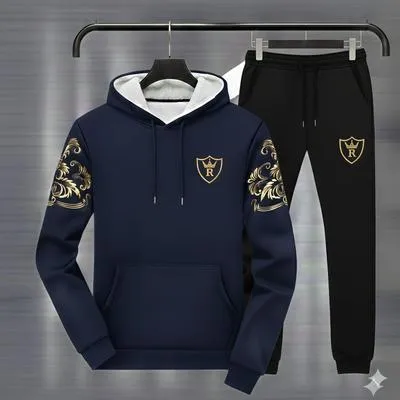Men Royal Crest Blue Hoodie Track Suit Winter Warm Fleece