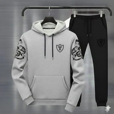 Men Grey Black Royal Crest Hoodie Track Suit Winter Fleece