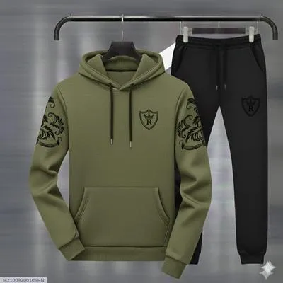 Men Royal Crest Hoodie Track Suit Green Black Fleece thumbnail 6