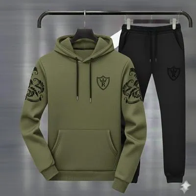 Men Royal Crest Hoodie Track Suit Green Black Fleece