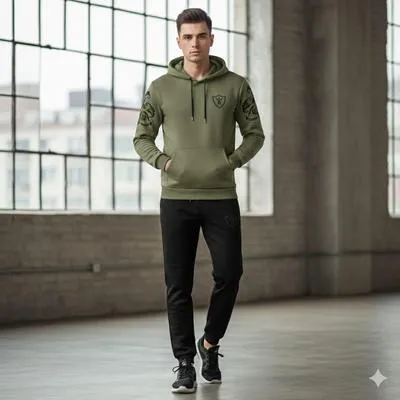 Men Royal Crest Hoodie Track Suit Green Black Fleece thumbnail 2