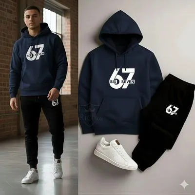Men Navy Blue & Black Printed Hoodie Track Suit 67 Six Seven