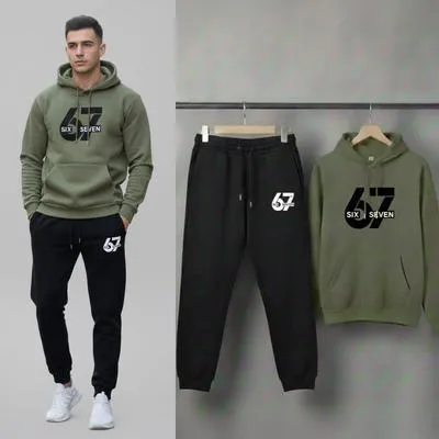 Men Olive Green Printed Hoodie Track Suit 2Pcs Fleece Winter Sale