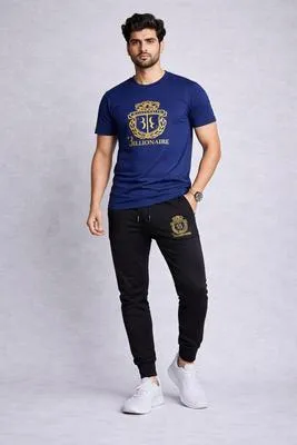 Men Navy Blue Gold Crest Track Suit 2Pcs Slim Fit thumbnail 2