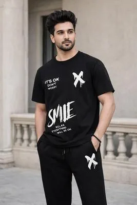 Men Printed Graphic Cotton Track Suit Black Summer Sale thumbnail 2