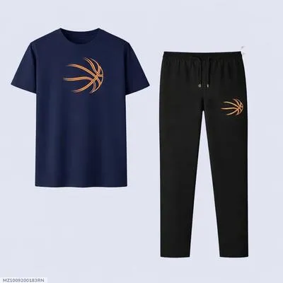 Men Basketball Graphic T-Shirt & Jogger Set Navy Blue Black Cotton Round Neck thumbnail 5