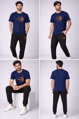 Men Basketball Graphic T-Shirt & Jogger Set Navy Blue Black Cotton Round Neck thumbnail 2