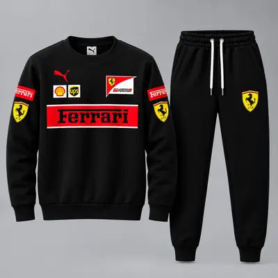 Men’s Black Ferrari Printed Tracksuit Set – Full Sleeve 