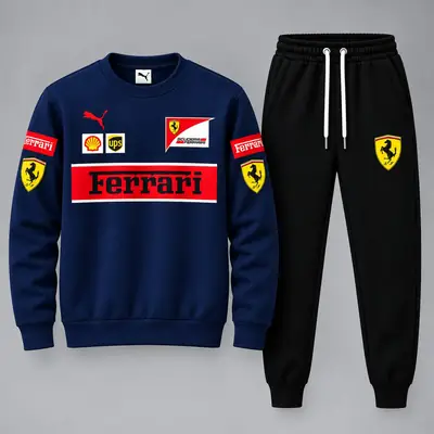 Ferrari Printed 2 Piece Tracksuit Set – Navy Blue & Black
