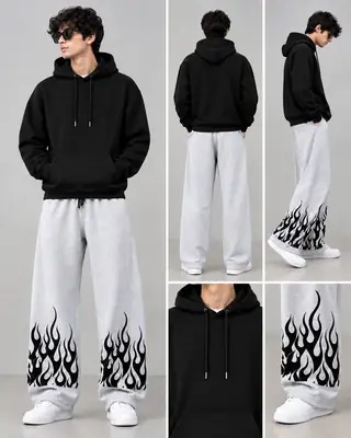 Black Hoodie & Grey Flame Print Wide-Leg Trouser Set