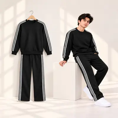 Men’s Black Striped Sweatshirt & Trouser Tracksuit Set 