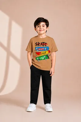 Kids Printed Track Suit Brown T-Shirt + Black Trousers thumbnail 2