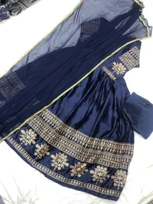 3 Pcs Women's Stitched Shamoz Silk Embroidered Maxi - Navy Blue  thumbnail 2