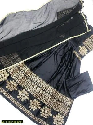 3 Pcs Women's Stitched Shamoz Silk Embroidered Maxi - Black thumbnail 3