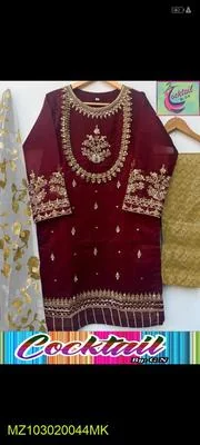 3 Pcs Women's Stitched Organza Embroidered Suit thumbnail 3
