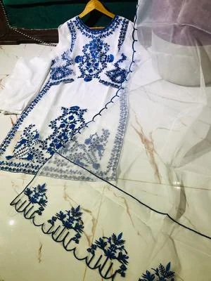 3 Pcs Women's Stitched Organza Embroidered Suit thumbnail 3