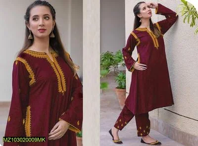 2 Pcs Women's Stitched Linen Embroidered Shirt And Trouser thumbnail 3