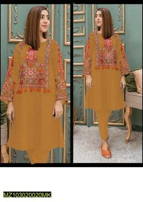 2 Pcs Women's Stitched Linen Embroidered Shirt And Trouser thumbnail 3