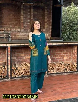 2 Pcs Women's Stitched Cotton Net Embroidered Shirt And Trouser thumbnail 4