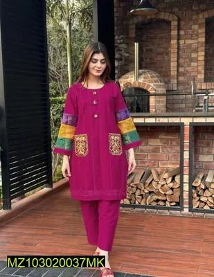 2 Pcs Women's Stitched Cotton Net Embroidered Shirt And Trouser thumbnail 3
