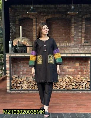 2 Pcs Women's Stitched Cotton Embroidered Shirt And Trouser thumbnail 3
