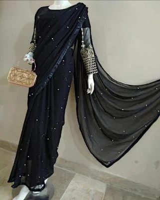 Stitched Saree - Black Crinkle Chiffon with Sequins Embroidery - 2 Pcs Set thumbnail 2