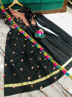 Stunning 4 Pcs Women's Stitched Maxi Suit in Embroidered Shamoz Silk - Black thumbnail 2