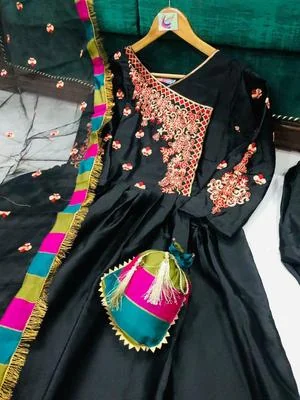Stunning 4 Pcs Women's Stitched Maxi Suit in Embroidered Shamoz Silk - Black thumbnail 3