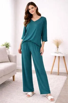 Women's Green Cotton Jersey V-Neck Night Suit 2 Pcs