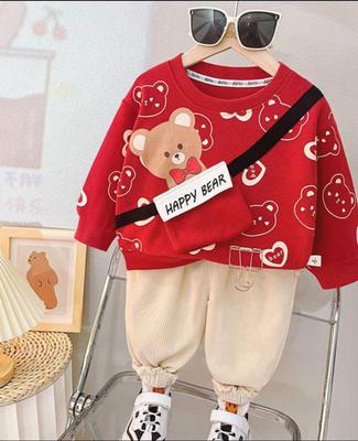 Kids Printed Fleece Tracksuit - 2 Pcs Red Set for Boys and Girls