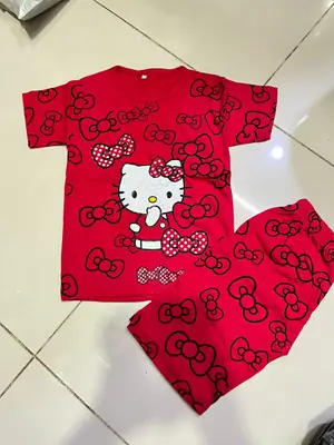 2 Pcs Girl's Stitched Jersey Printed Night Suit thumbnail 2