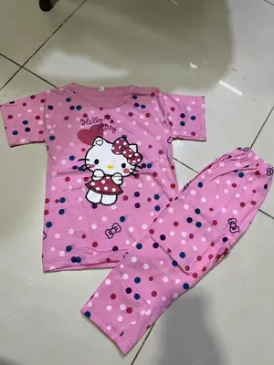 2 Pcs Girl's Stitched Jersey Printed Night Suit thumbnail 2